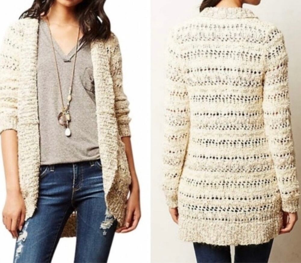 Anthropologie Knitted & Knotted Open Knit Cocoon Cardigan Large Cream Beige